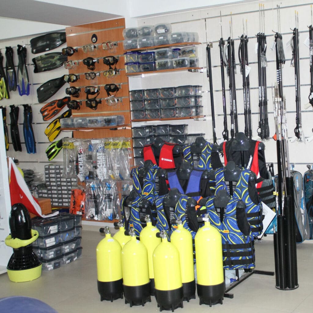 scuba gear in a shop