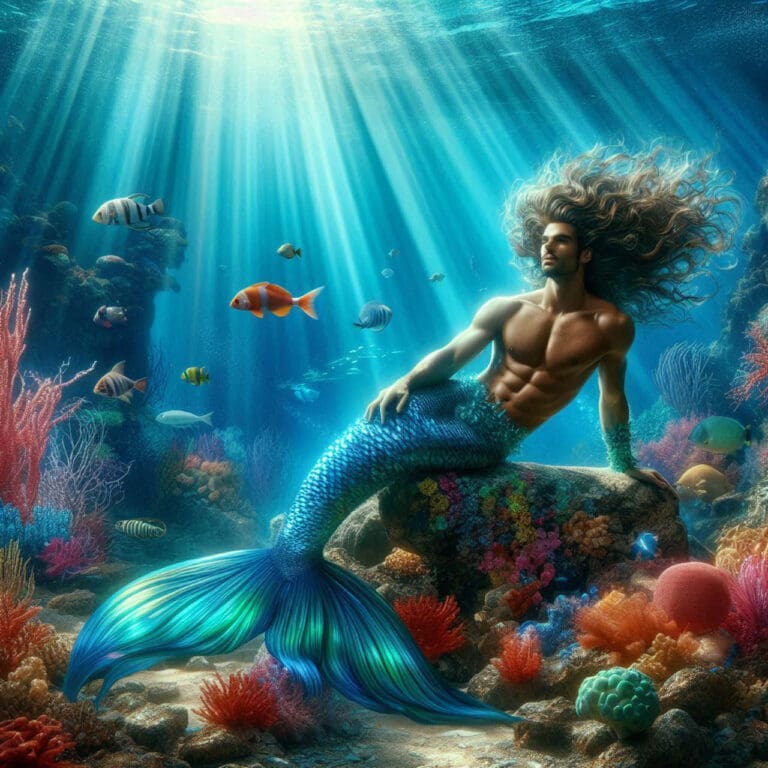 fantasy merman basking in sun rays underwater