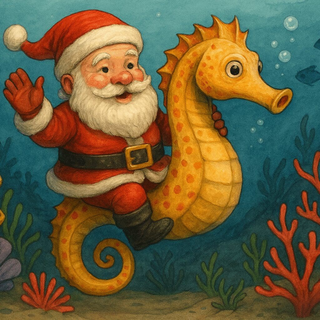 Santa Claus riding a sea horse on a coral reef