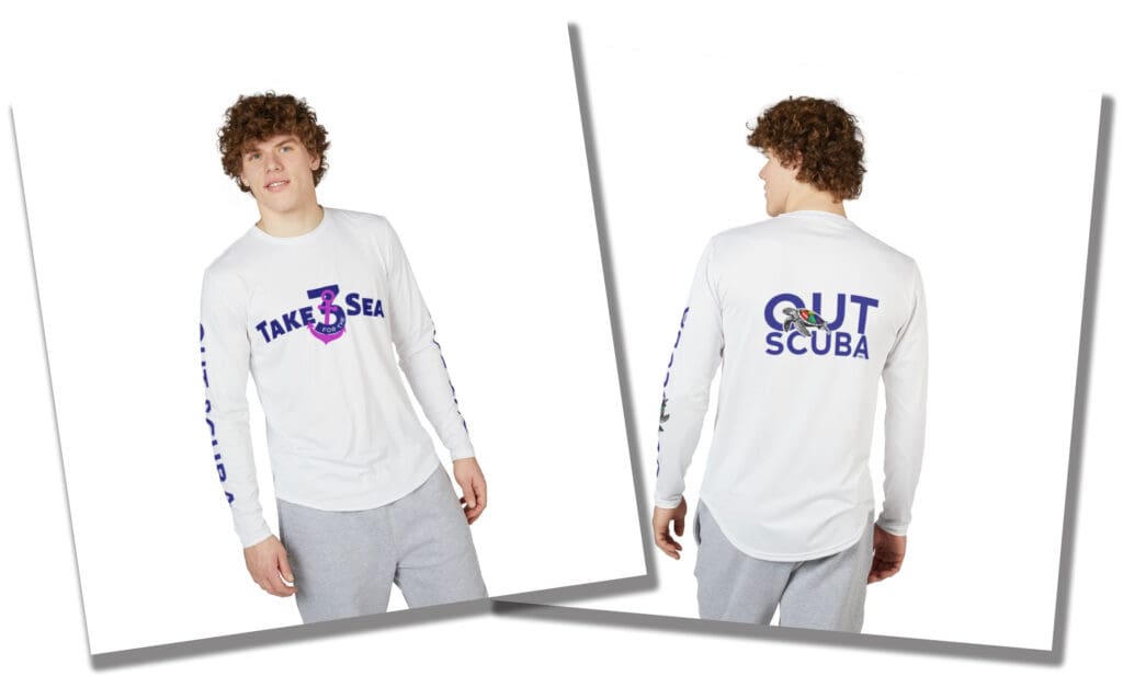 Take 3 for the Sea UV Protective Shirt worn by model showing the front and back sides.